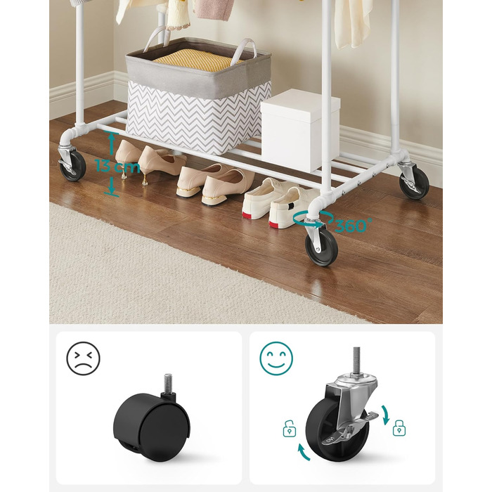 SONGMICS Clothes Rack, Clothes Rod, Coat Rack with 2 Clothes Rods and Shelf, Wheels, Load Capacity up to 110 kg, Industrial Design, for Bedroom, Dressing Room, White HSR060W01