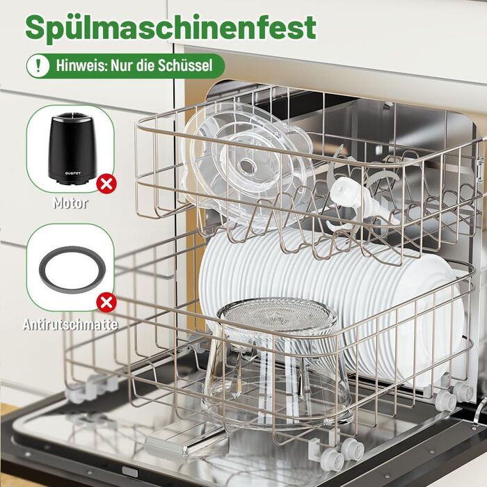 Електричний подрібнювач OUSFOT Multizerkleinerer, 1.8L, 500W, з скляною чашею. Підходить для овочів, фруктів, м'яса. Чорний.