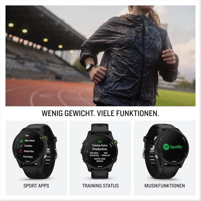 Garmin Forerunner 255 Music – GPS-годинник для бігу з індивідуальними планами тренувань, функціями для бігу та детальною аналітикою. 1.3' кольоровий дисплей, час роботи до 14 днів, водонепроникний, музика, 46 мм, чорний
