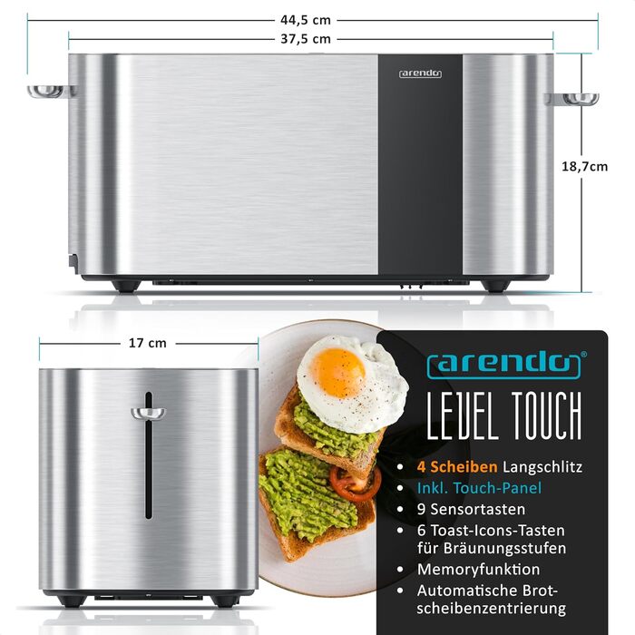 Тостер Arendo з нержавіючої сталі, 4 слоти, сенсорний екран, подвійні стінки, 1500 Вт, підставка для булочок, 6 ступенів підсмажування, центрування хліба, таймер, пам'ять, колір: сталевий