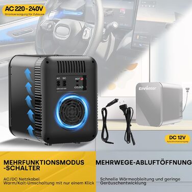 Mini холодильник Enventor 10L: для кімнати, авто, офісу. Охолодження та нагрів, 12V/220V, тихий, чорний