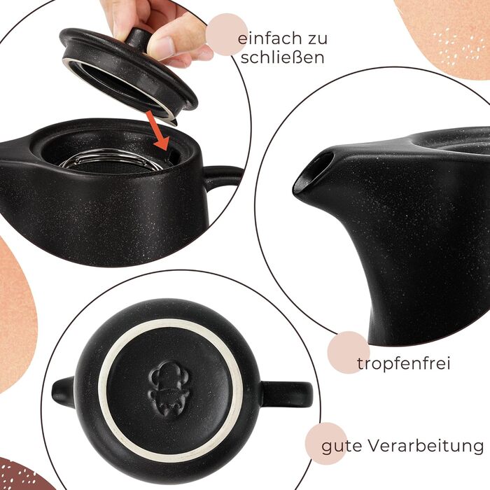 Чайник Happy Lemuro з ситечком - 1,2 л - керамічний чайник чорного кольору (антрацит)