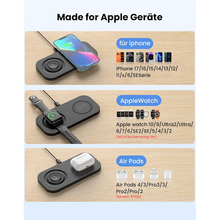 Бездротовий зарядний пристрій JoyGeek 2-в-1 для iPhone, Apple Watch та AirPods (Чорний)