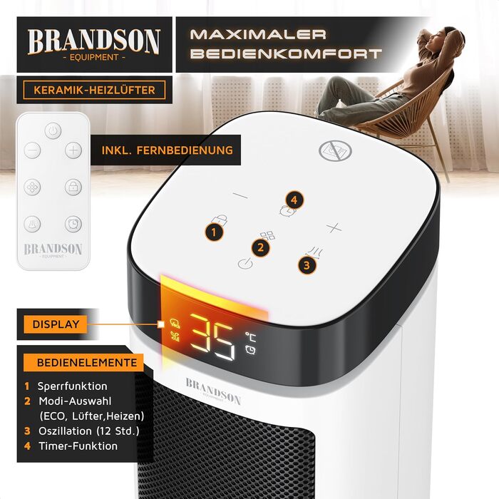 Тепловентилятор Brandson з дистанційним керуванням, 2000 Вт, функція обертання, ECO-режим, 2 рівні підігріву, захист від перегріву та перекидання, для кімнати, ванної та дитячої