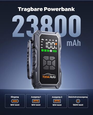 Powerbank для авто YaberAuto з компресором, 6000A, 23800mAh, 150PSI, Jump Starter (для бензинових та 10.0L дизельних двигунів), LCD дисплей, 500 люмен, аварійне світло