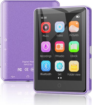 MP3 плеєр дитячий 64GB Bluetooth 5.3 з радіо, радіоприймач, MP4 плеєр, дитячий музичний плеєр з touch screen, розширюється до 128GB, фіолетовий