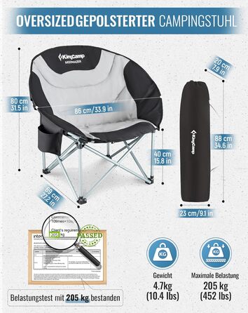 Крісло для кемпінгу KingCamp Moonchair XXL - зручне, м'яке, для відпочинку на природі, риболовлі, саду, балконі. Макс. вантажопідйомність 205 кг, з підстаканником та високою спинкою.