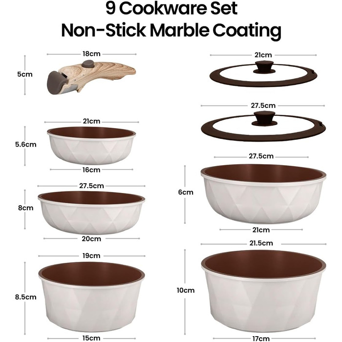 Набір посуду 9 предметів з антипригарним покриттям Diamant Beige: каструлі та сковорідки для всіх плит, включаючи індукційні. Без PFOA/PFAS