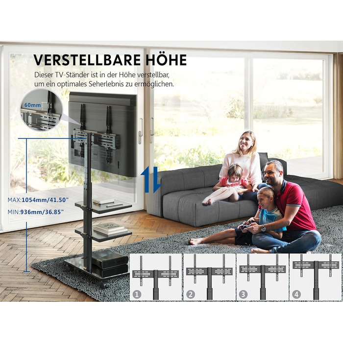 FITUEYES Rolling TV Stand with 3 Shelves - Adjustable Height & Swivel - Fits 32-60 Inch TVs (up to 30kg, VESA 600x400)