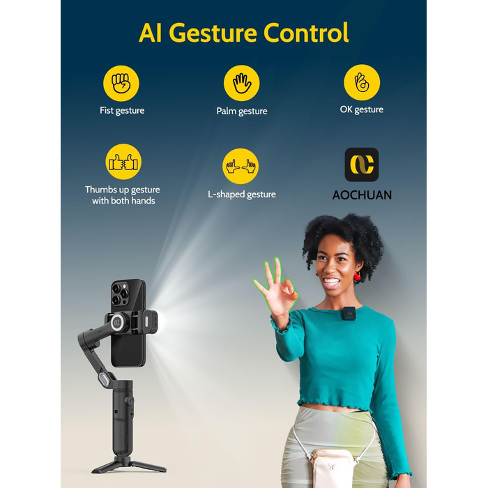 Стабілізатор для смартфона AOCHUAN 3-осьовий з функцією розпізнавання обличчя, вбудованим світлом, 1/4 дюйма, для iPhone 16/15 Pro, Android, TikTok - Smart X Kit, Чорний