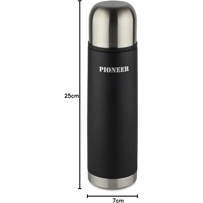 Pioneer Stainless Steel Insulated Flask with Button Lid & Cup - 1.0L Double-Walled Vacuum, 8H Hot, 24H Cold, Leak-Proof, BPA-Free - Black