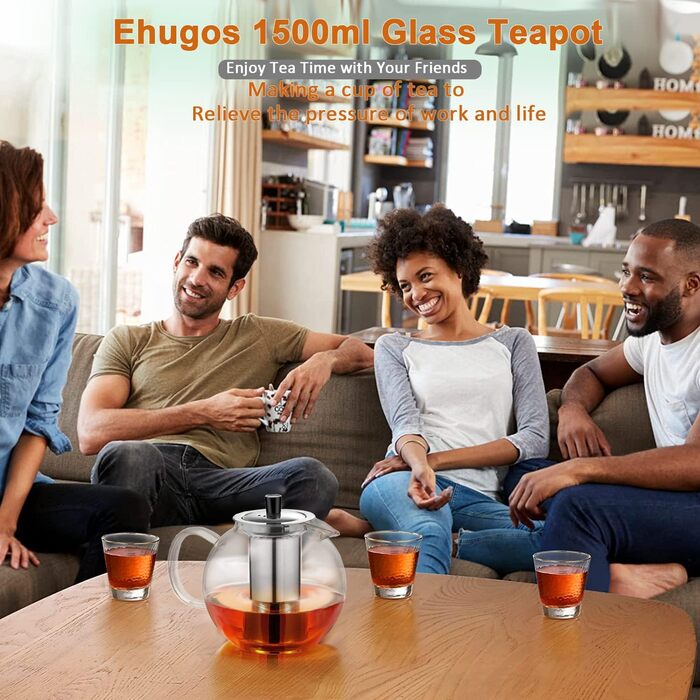 Чайник зі скла Ehugos 1500 мл з інфузором, сумісний з плитою, для заварювання чаю, гарячих/холодних напоїв