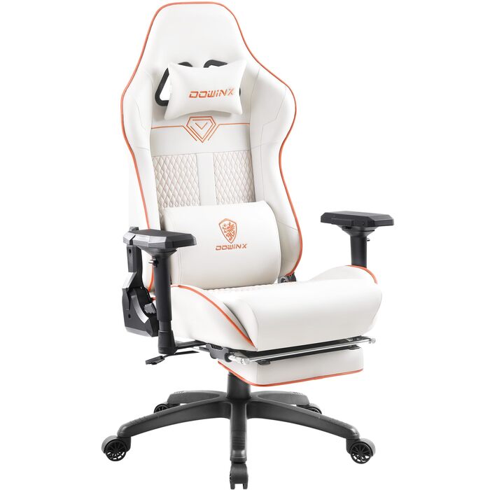 Ігровий крісло Dowinx з підлокітниками 4D та підставкою для ніг - білий. Ергономічне крісло геймера, витримує до 150 кг