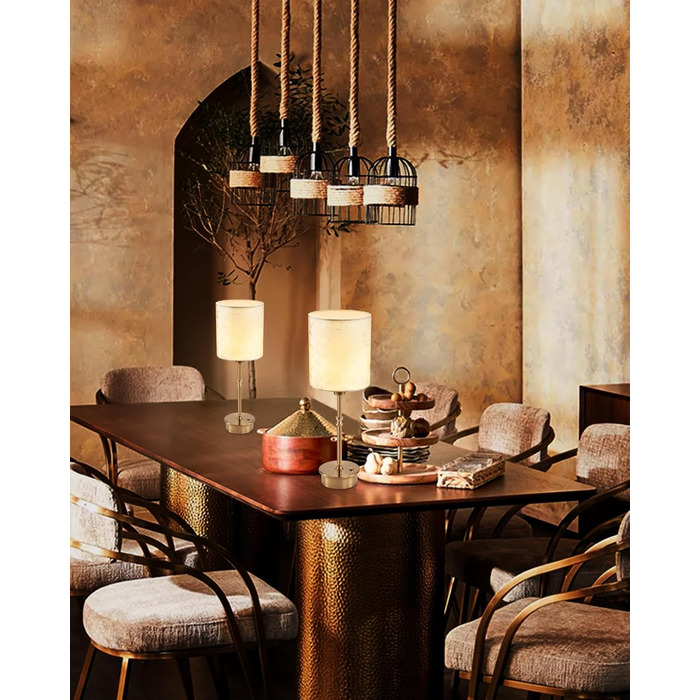 OCEST Настільна лампа на акумуляторі, сенсорне керування, регульована яскравість, для дому, кухні, тераси, їдальні (античне латунь-льон), плафон з шовку 41,5 см