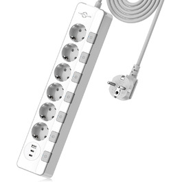 Мережевий фільтр KEPLUG з USB, 4000W, 16A, 6 розеток, білий