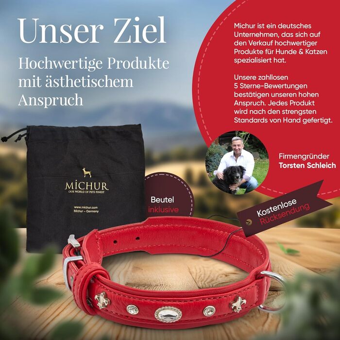 Julieta Leine, Leather Dog Leash, Leather Lead Dog, MATCHES Julieta Collar, Red, Leather, with Lilies, Rhinestones, and a Large Crystal (Neck circumference 52-58cm)