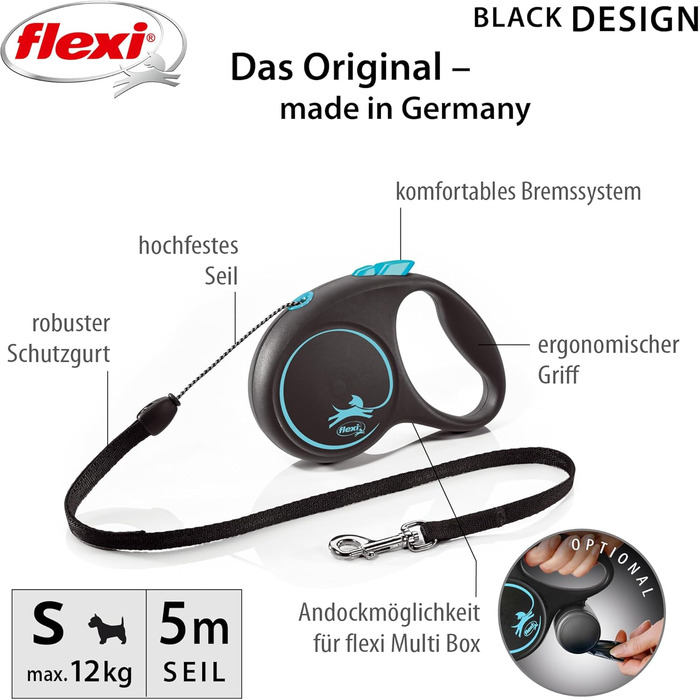 Рулетка для собак Flexi Black Design S, 5 м, чорний/синій (до 12 кг)