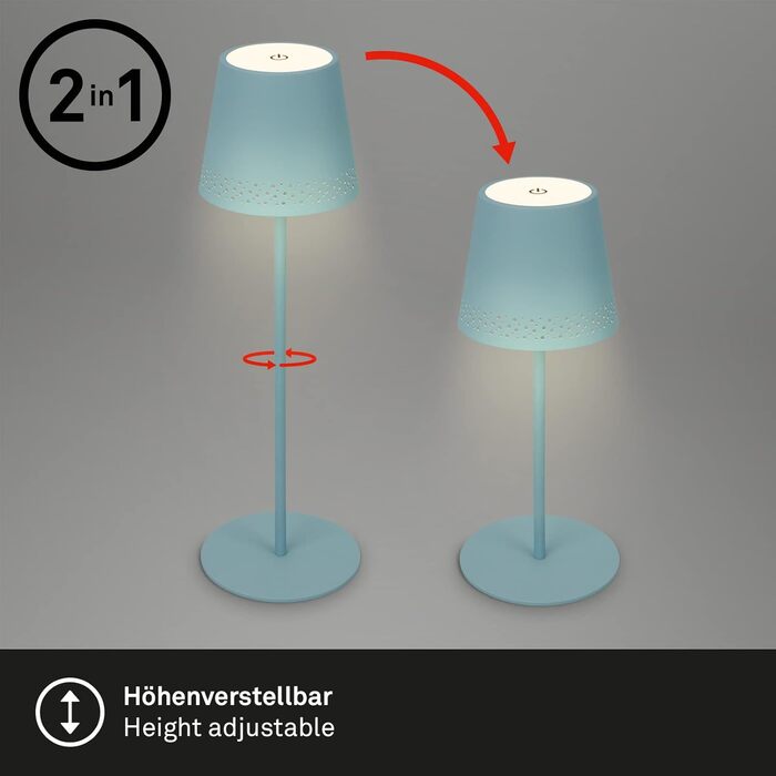 Світлодіодна настільна лампа Briloner бездротова з сенсорним керуванням, димуванням, регулюванням висоти, нічник, лампа для читання, кемпінгу, 38x12 см, блакитна