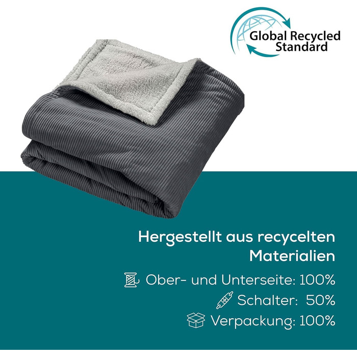 Електрична ковдра Beurer HD 75 з перероблених матеріалів, 180x130 см, 6 температурних режимів, автоматичне вимкнення, Cord Dark Grey