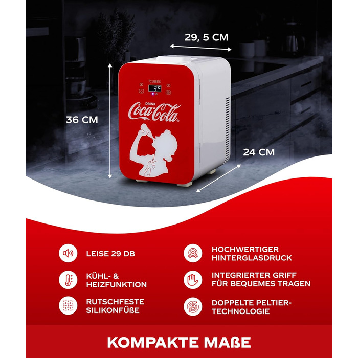 Міні-холодильник Coca-Cola 9.3л з LCD-дисплеєм: Автомобільний та побутовий, тихий та енергоефективний 12V/220V