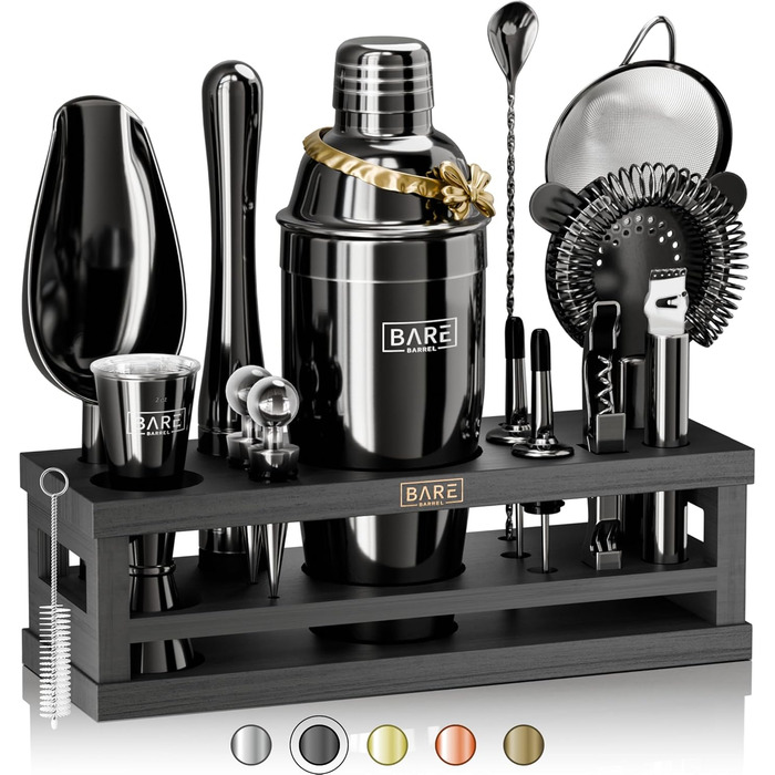Набір бармена BARE BARREL® Mixology: 16 предметів для приготування коктейлів | Шейкер, барний аксесуар, інструменти для дому | 35 рецептів, подарунковий набір (680.4 г Cobbler Shaker, чорний)