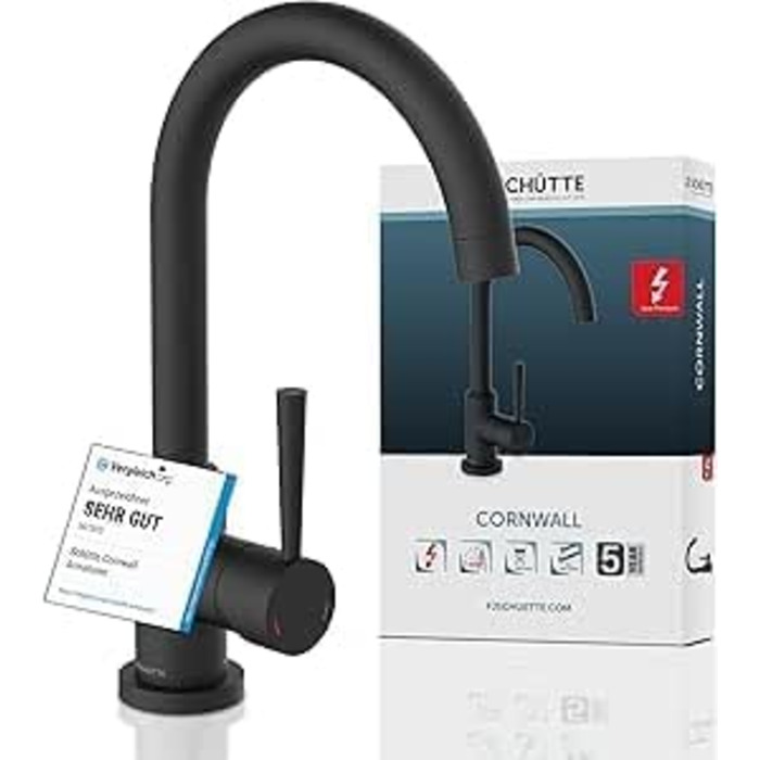 Кран кухонний SCHÜTTE Cornwall, 360° поворотний, чорний, з однорідним змішувачем для раковини