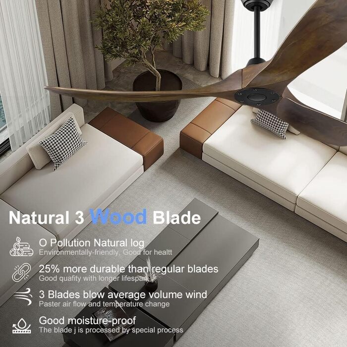 Дерев'яний стельовий вентилятор 152 см з дистанційним керуванням, 60 дюймів, 3 лопаті, DC-двигун, для дому та вулиці, таймер, коричневий