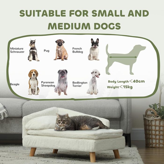 PawHut Диванчик для собак та котів з м'яким подушками, знімний та пральний чохол, з плюшу, 70 x 42,5 x 38,5 см, кремовий