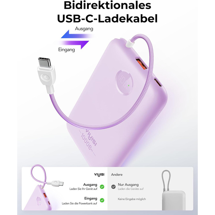 Повербанк VIYISI 10000mAh ультратонкий із вбудованим кабелем USB-C, фіолетовий