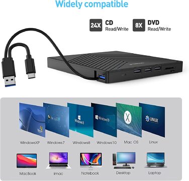 Зовнішній DVD-накопичувач ORIGBELIE з 4 USB та 2 TF/SD слотами, ультратонкий CD/DVD-привід (записувач та рідер) для ноутбука, PC, Mac, Windows 11/10/8/7, Linux