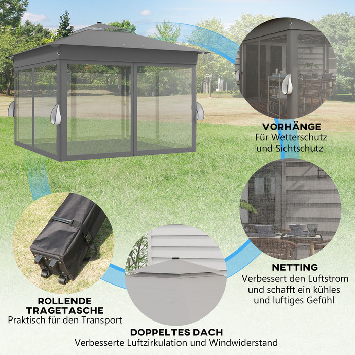 Outsunny Folding Gazebo, approx. 3 x 3 m, Gazebo with LED lights, 4 mosquito nets, side walls, garden gazebo with water bag, double roof, carry bag, dark grey | Aosom