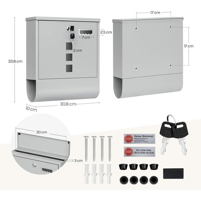 Поштовий ящик WOLTU з газетницею та оглядовим вікном, персоналізований, настінний, з замком та 2 ключами, сірий, 37x37x10.5 см