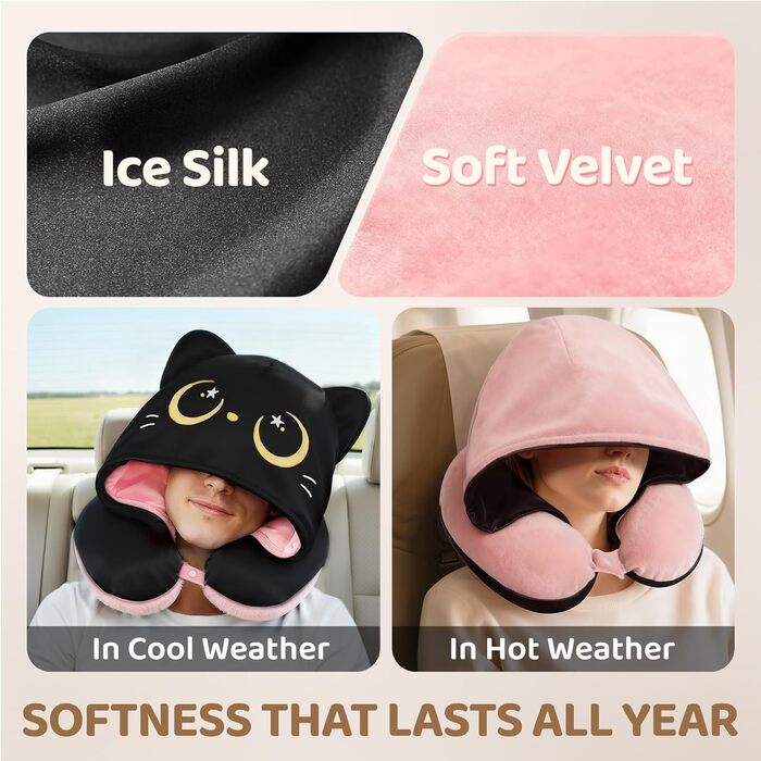 Подушка для шиї Mewaii з капюшоном, двостороння, для дітей та дорослих, милий дизайн котика, захист приватності, м'яка піна Memory Foam, подушка для подорожей на літаку та в авто (Рожева)
