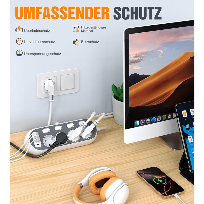 Мережевий фільтр з USB, індивідуальне вмикання розеток, 4 розетки, 2 USB-C, 8 в 1 з вимикачем, адаптер з кабелем 1,5м для кухні, дому, офісу