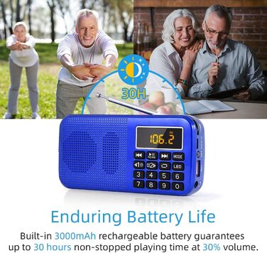 PRUNUS J-725 FM/UKW радіо: цифрове, портативне, з акумулятором 3000mAh, USB/SD/TF/AUX, радіо-годинник, з LED-ліхтариком (блакитне).