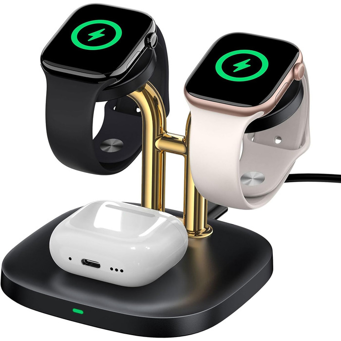 Зарядна станція SwanScout Doppel Watch 704A для Apple Watch 10/Ultra/9/8/7/6 та AirPods Pro (3.3W, без адаптера, чорний/золотий)