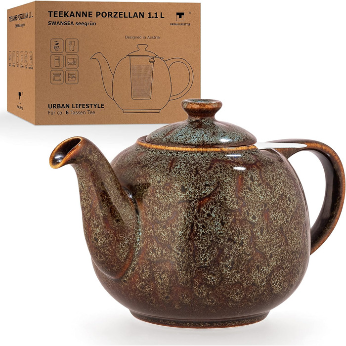 Teapot with infuser, Swansea Sea Green 1.1 L with filter, made of porcelain by URBAN LIFESTYLE, a drip-free teapot. Teapot with infuser, porcelain
