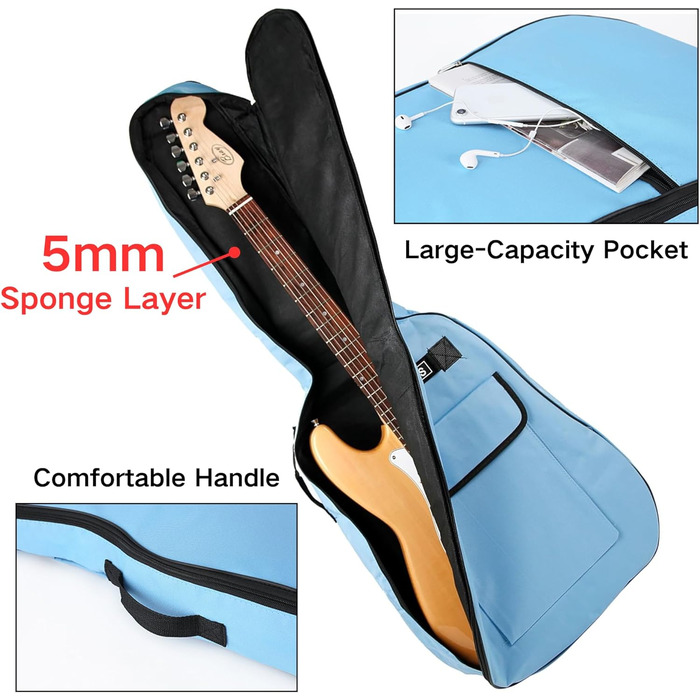 Водонепроникний гітарний кейс SUQ Oxford, 40/41 дюймів, з музичним принтом, нейлон, Gigbag для електро-, акустичної та концертної гітари, ударостійкий, 8 мм, водонепроникний (блакитний)