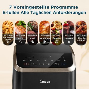 Аерофритюрниця Midea 5 л з технологією HeatXpress, 90% менше олії, енерго- та часозбереження, 7 програм, оглядове вікно з підсвіткою, антипригарне покриття, чорна