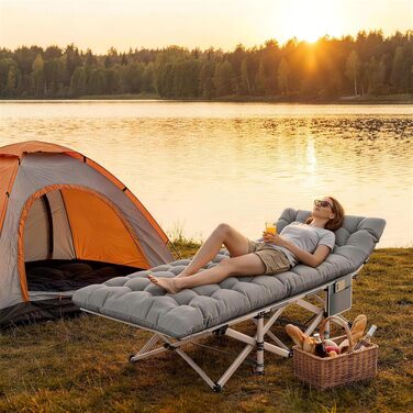 Складане кемпінгове ліжко Feldbett XXL з матрацом (літо/зима), посилене розкладне ліжко для відпочинку, садів та наметів, витримує до 280 кг, сіре, великий розмір