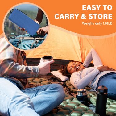 Каремат JINYOMFLY самонадувний туристичний, посилений, з насосом та подушкою, водонепроникний, ультралегкий для кемпінгу, піших прогулянок, відпочинку на природі (Блакитний)