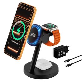 Зарядна станція JoyGeek 3-в-1 MagSafe 25W для iPhone 17/16, Apple Watch, Samsung Watch та AirPods з адаптером 45W (Чорний матовий)