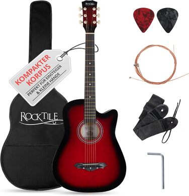 Rocktile WSD-5C-RDB: Акустична гітара Вестерн Slim Line - комплект з чохлом, струнами, ремінком та медіатором. Корпус з липи, гриф з катальпи. Колір: Redburst