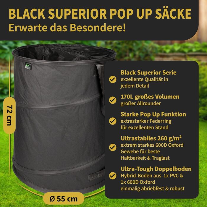 Комплект мішків для садового сміття TTL Garden BLACK SUPERIOR 3×170 л, самостійно встановлювані, подвійне дно, 260 г/м², міцний 600D Oxford, складаний, для листя та гілок