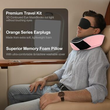 Подушка для шиї з Memory Foam, комплект з маскою для очей, навушниками та чохлом, ергономічна, для подорожей (рожева)