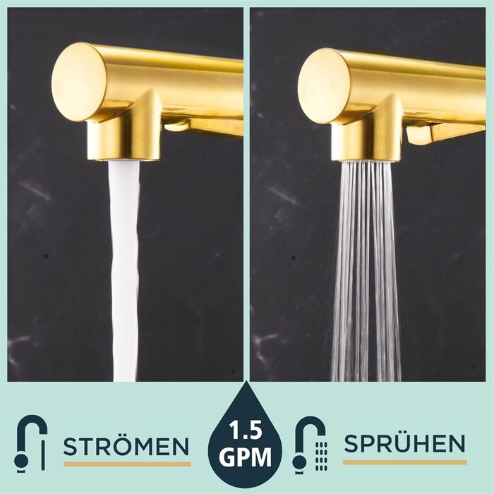 Змішувач для кухні FORIOUS з висувною лійкою та душем, 360° обертання, 2 режими, матовий золотий