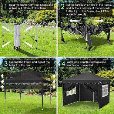3x3 Gazebo, Waterproof Folding Gazebo Stable, Winter-Proof, UV Protection 50+, 3x3 Folding Gazebo with 4 Side Panels, Adjustable Height Garden Gazebo, Foldable Pavilion Tent for Camping, Parties (Black)