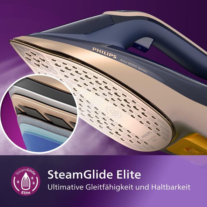 Philips Azur 8000 Series Steam Iron - 85 g/min continuous steam, 260 g Turbo steam boost, 3000 W, OptimalTEMP Technology, SteamGlide Elite soleplate, Dark Blue (DST8050/20) 260 g steam boost, 85 g continuous steam, Dark Blue/Gold