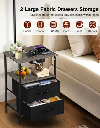 Стельова лампа для вітальні з поличкою та столиком, регульована LED, з пультом, 3 колірні температури, приліжний столик з підзарядкою та полицею, дерев'яний столик для спальні/офісу (сірий з шухлядами)