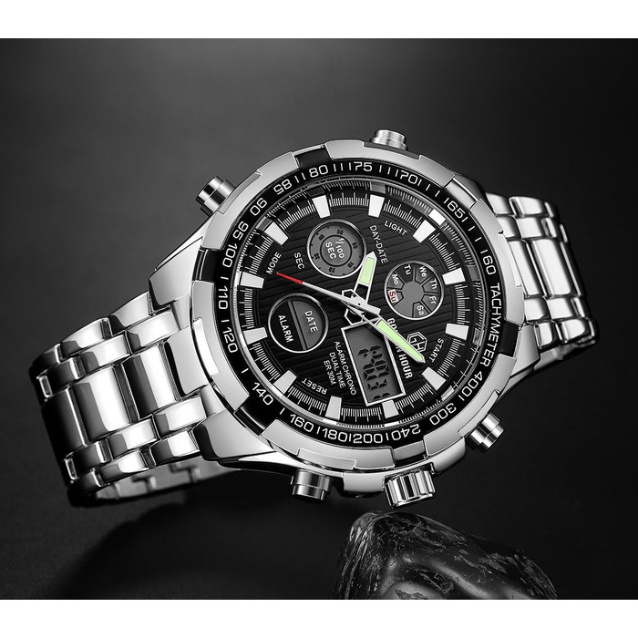Чоловічий годинник з хронографом: сталевий, водонепроникний, з датою та будильником, аналогово-цифровий дисплей, срібно-чорний